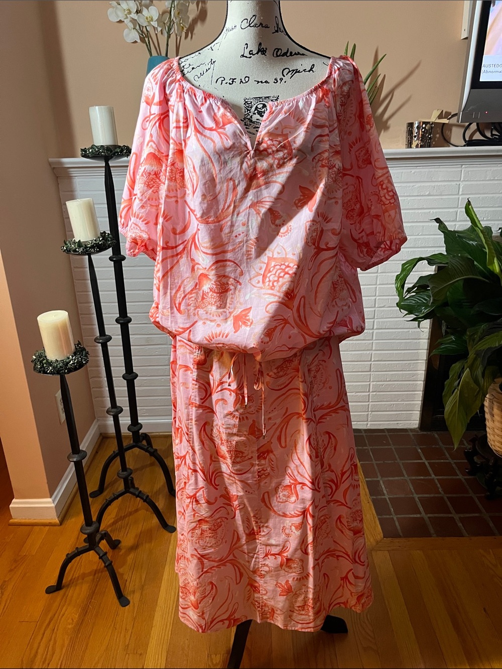 Talbots Peasant Style Two-Piece Dress Set in Coral Pink Print
